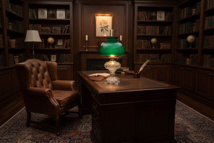 Antique style lamp shown in library - Paxton Hardware