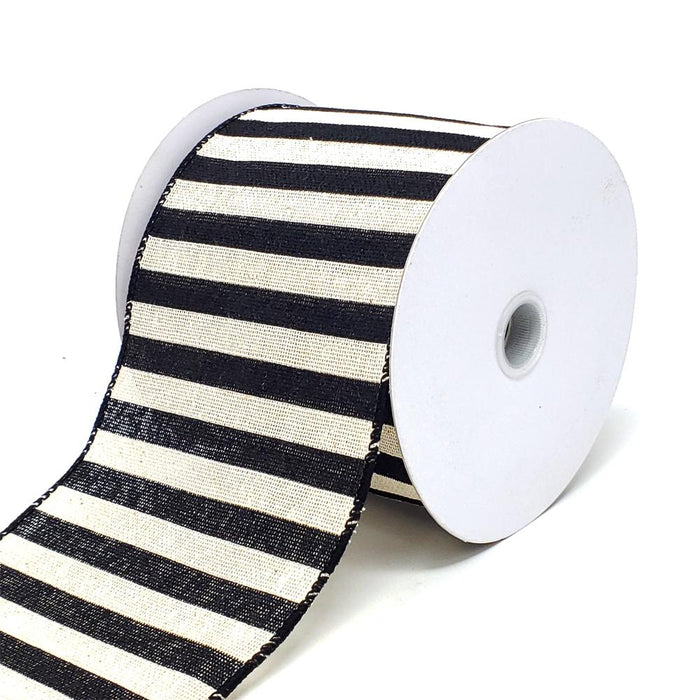 Christmas Stripes Canvas Wired Edge Ribbon, 4-Inch, 10-Yard, Black/Ivory