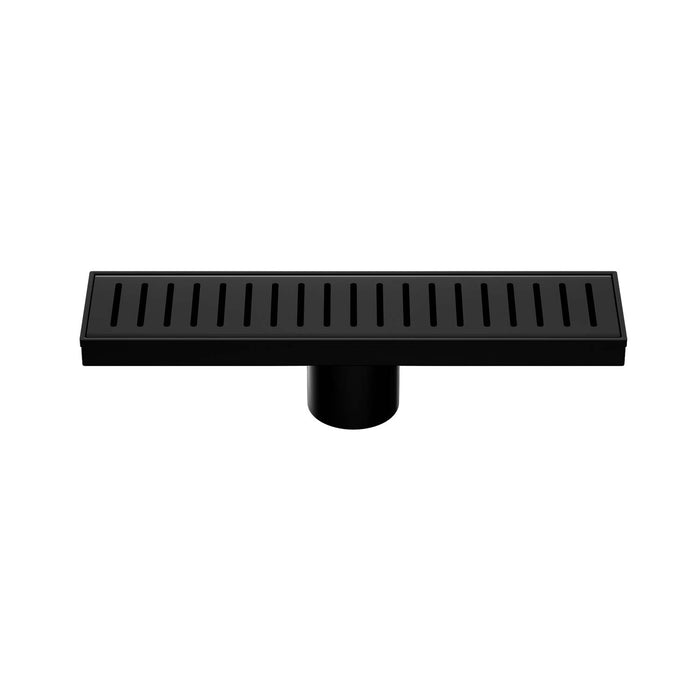 Black floor drain cover on a white background