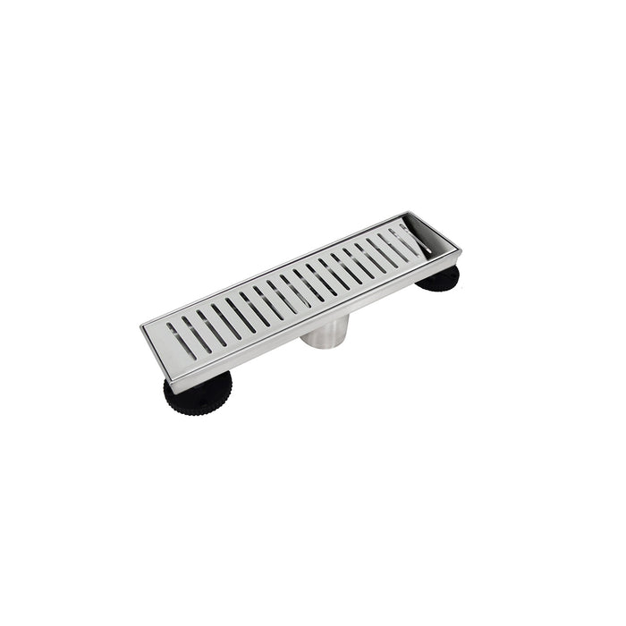 A polished stainless steel rectangle shower floor drain with black rubber feet.