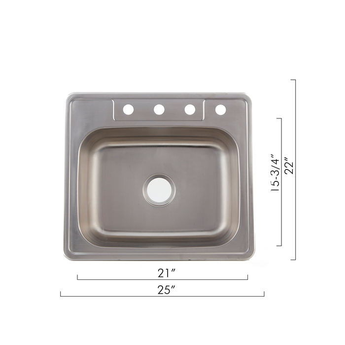 DAX  Single Bowl Top Mount Kitchen Sink, 20 Gauge Stainless Steel, Brushed Finish , 25 x 22 x 8 Inches (DAX-OM-2522)