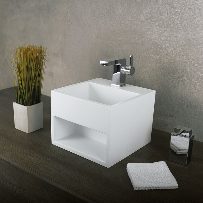 DAX Solid Surface Square Single Bowl Bathroom Sink Cabinet, White Matte Finish,  12-4/5 x 12-4/5 x 9-7/8 Inches (DAX-AB-1360)