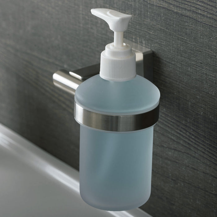 DAX Stainless Steel Soap Dispenser with Glass Bottle, Wall Mount, Polish Finish, 6-1/2 x 4-1/2 x 3-3/4 Inches (DAX-G0113-P)