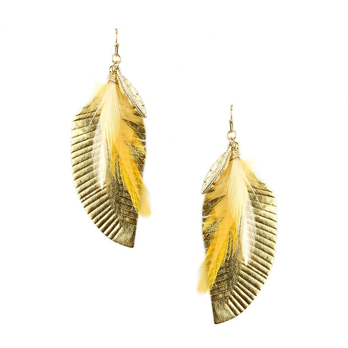 Feather Shaped Leather with Feather Drop Earrings, 2-3/4-Inch