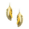 Feather Shaped Leather with Feather Drop Earrings, Gold, 2-3/4-Inch