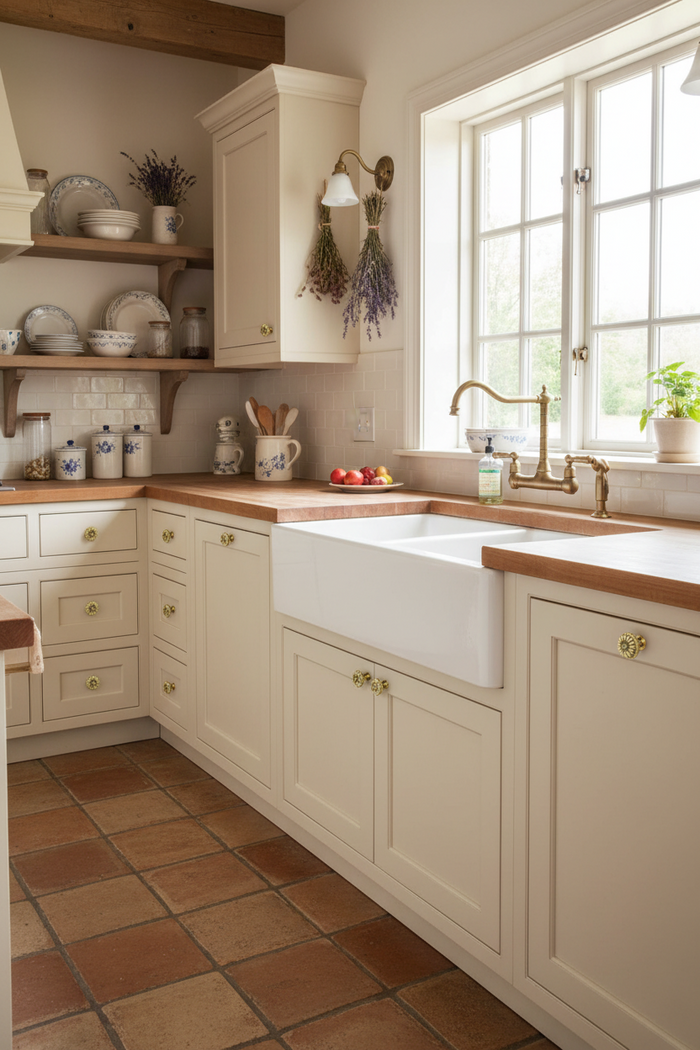 Brass Floral Knobs shown in a French County Kitchen - Paxton Hardware