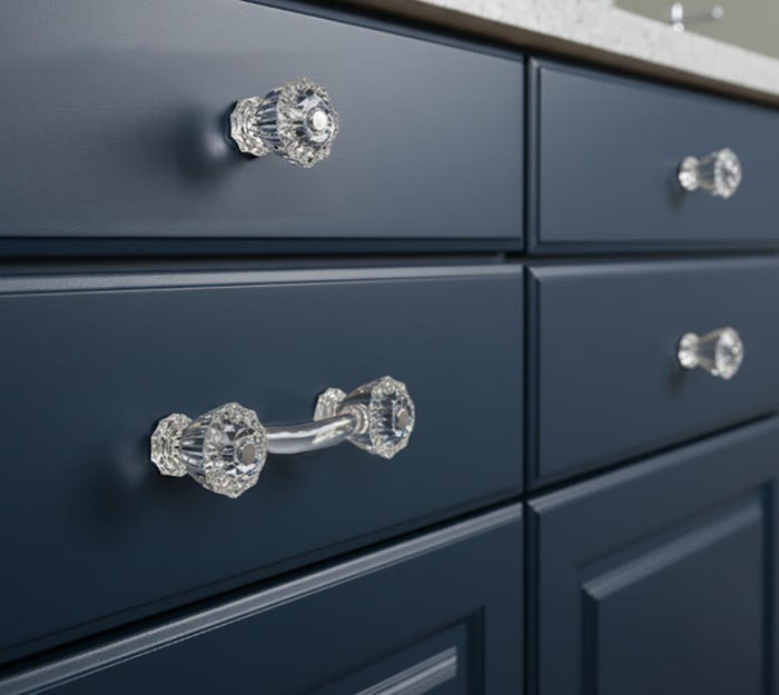 Fluted Glass Knob shown with matching cabinet handle - Paxton Hardware
