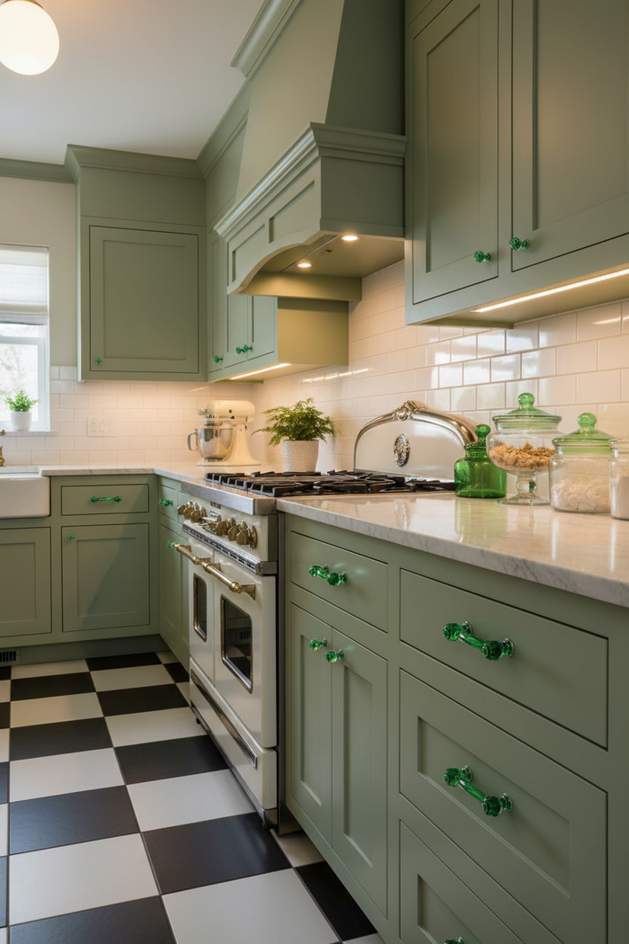 Green glass handles and matching knobs in stylish kitchen setting - Paxton  Hardware