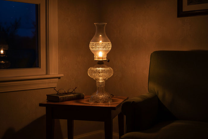 Vintage Home Sweet Home Oil Lamp lit  - Paxton Hardware