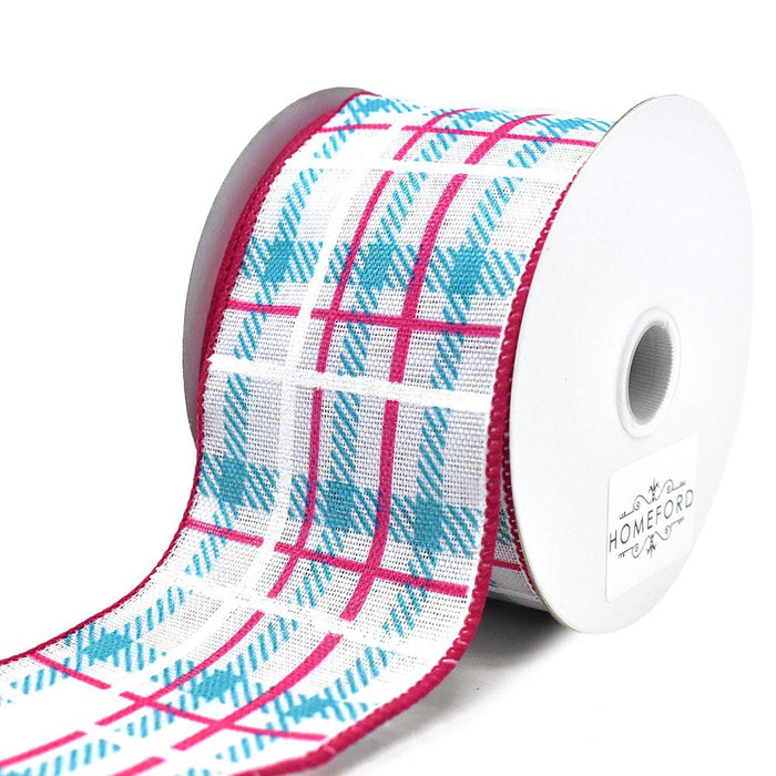 Iridescent Plaid Linen Wired Ribbon, Turquoise/Fuchsia. 2-1/2-Inch, 10-Yard