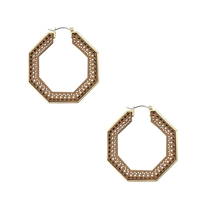 Metal Filigree Leather Hoop Earrings, 2-Inch, Tan
