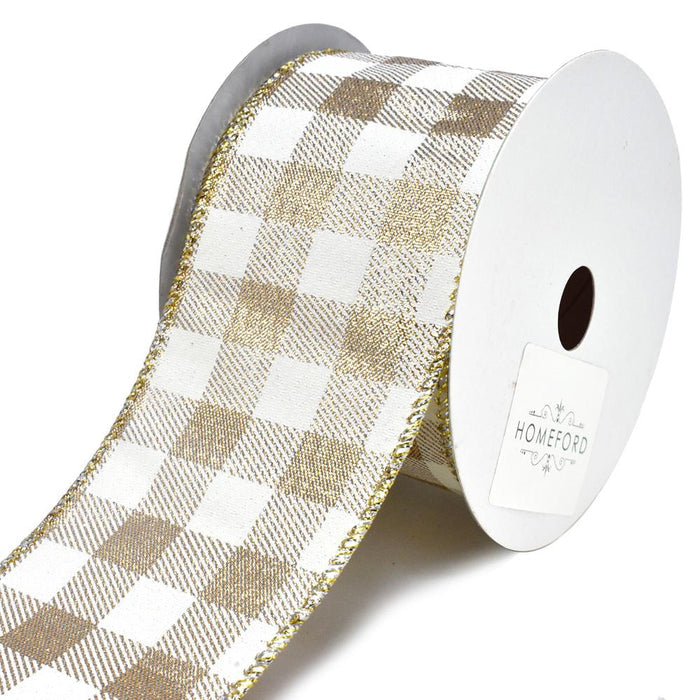 Metallic Jumbo Gingham Wired Christmas Ribbon, 2-1/2-Inch, 10-Yard, Ivory/Gold
