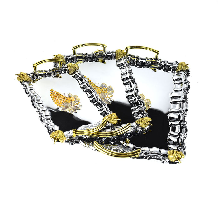 Reflective Serving Tray Set with Handles and Grape Accents, 3-Piece