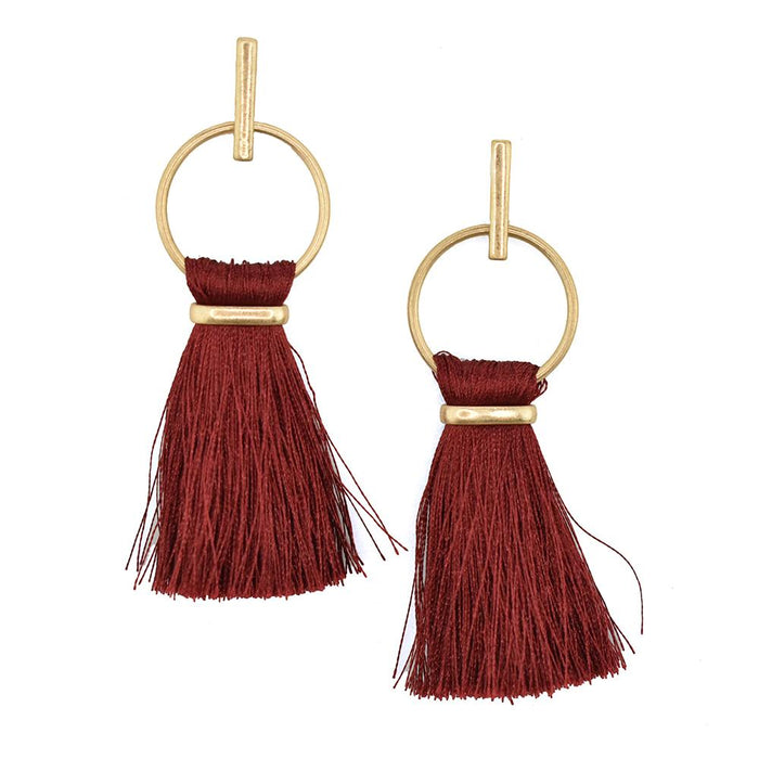 Round Hoop Hanging Tassel Earrings, 3-Inch, Burgundy