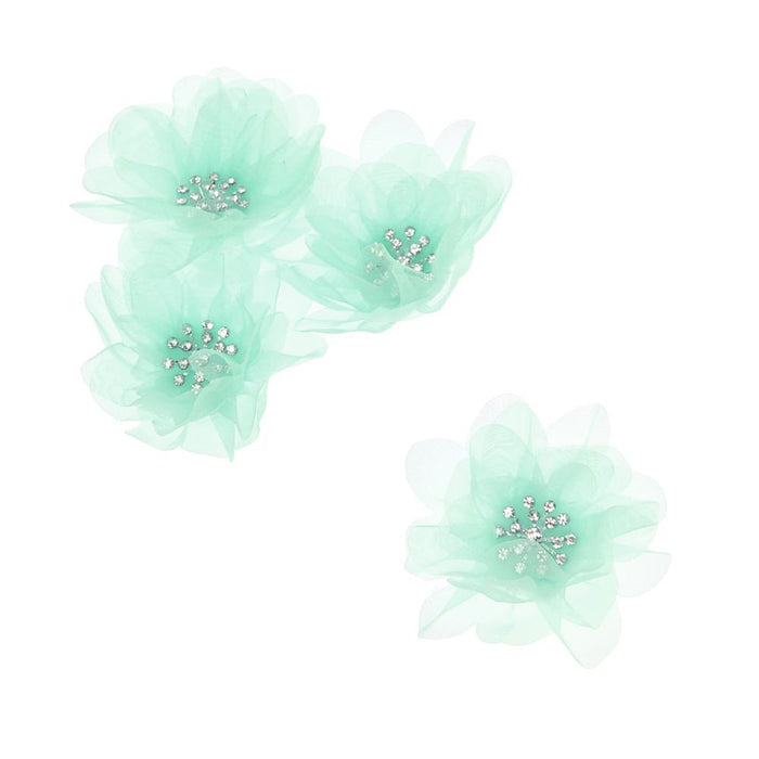 Sheer Rhinestone Center Tulle Flower, 3-1/2-Inch, 12-Count, Aqua