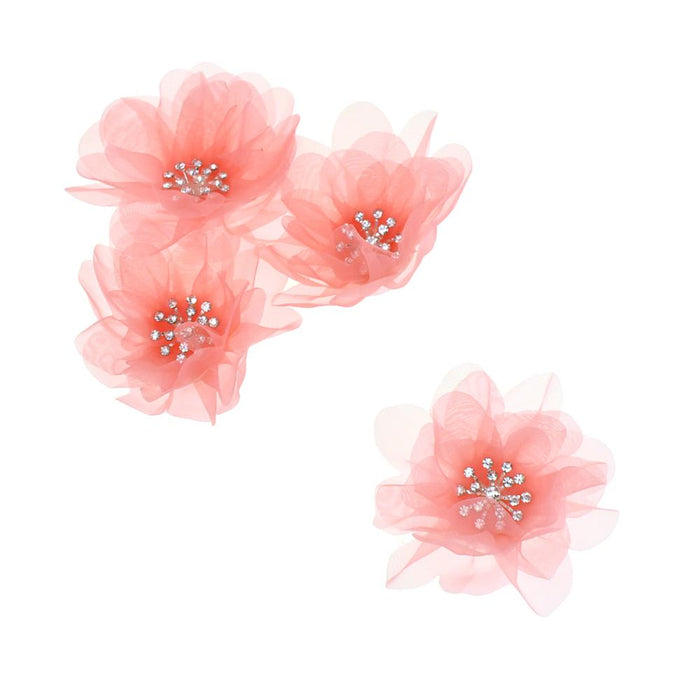 Sheer Rhinestone Center Tulle Flower, 3-1/2-Inch, 12-Count, Coral