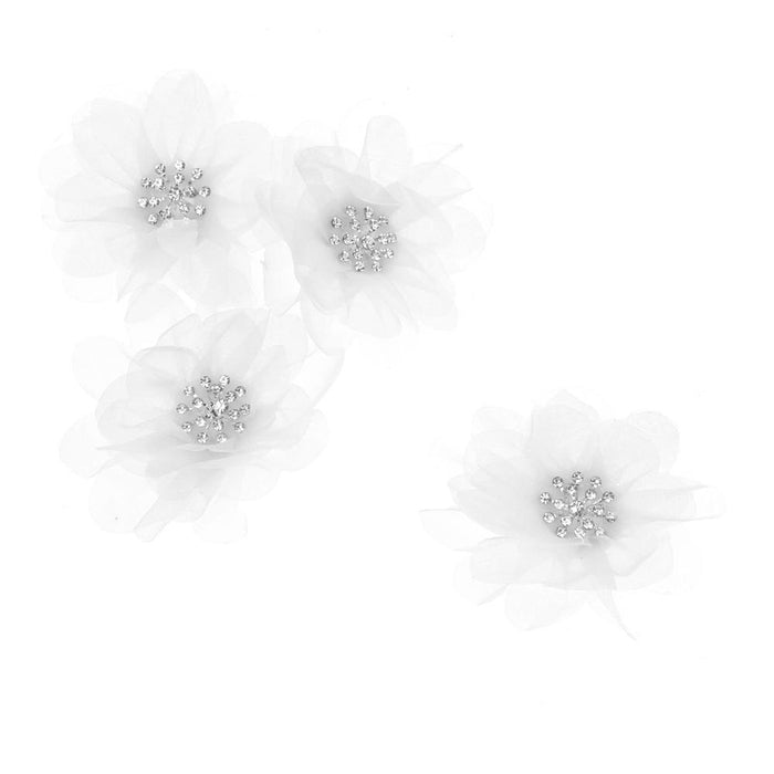 Sheer Rhinestone Center Tulle Flower, 3-1/2-Inch, 12-Count, White