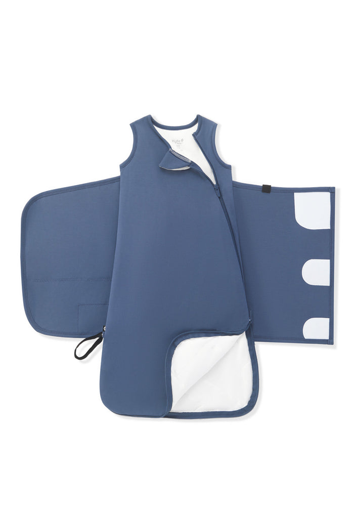 Double zipper shown on an unswaddled Black Sleep Bag Swaddler in Oxford 1.0 on a white background