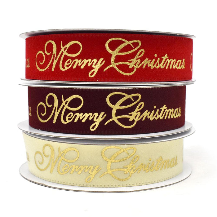 Velvet and Gold Embossed "Merry Christmas" Wired Ribbon, 7/8-Inch, 10-Yard