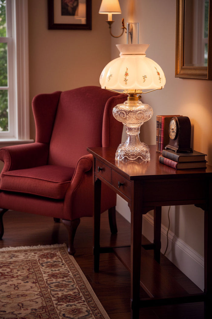 Victorian Lamp displaying wildflowers shown lit in room - Paxton Hardware