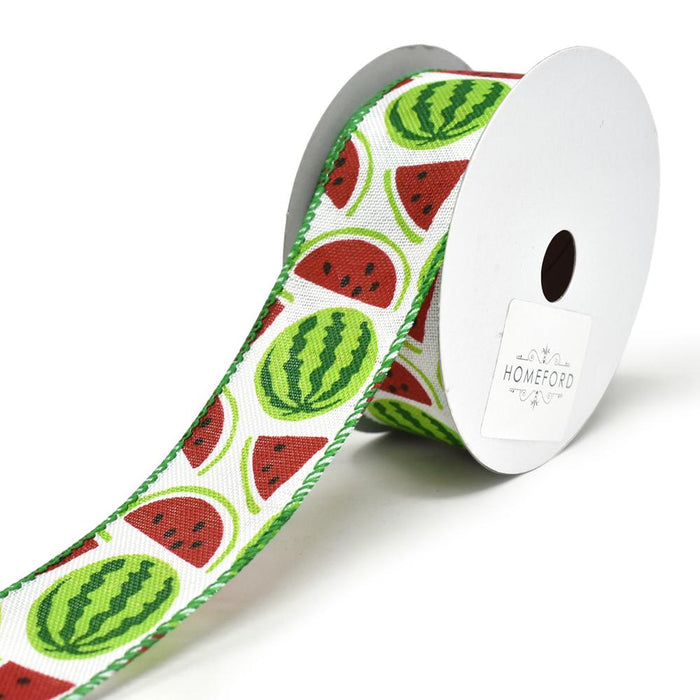 Watermelon Printed Wired Canvas Ribbon, 1-1/2-Inch, 10-Yard, White