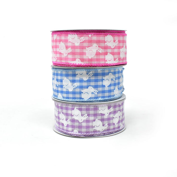 White Bunny Printed Gingham Wired Ribbon, 1-1/2-Inch, 10-Yard