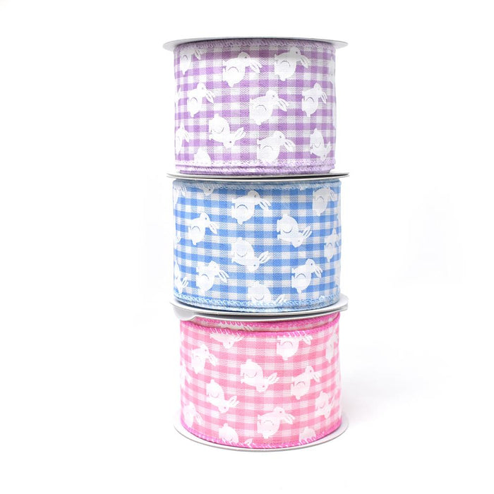 White Bunny Printed Gingham Wired Ribbon, 2-1/2-Inch, 10-Yard
