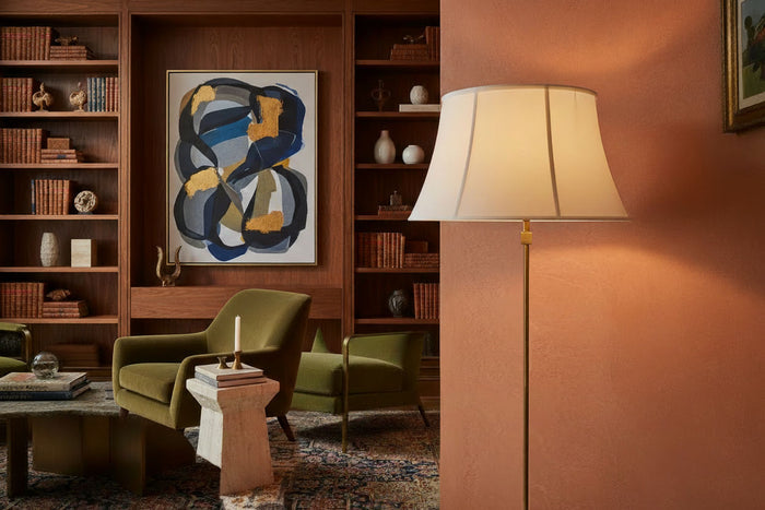 Large white silk lampshade shown on lamp in room setting - Paxton Hardware