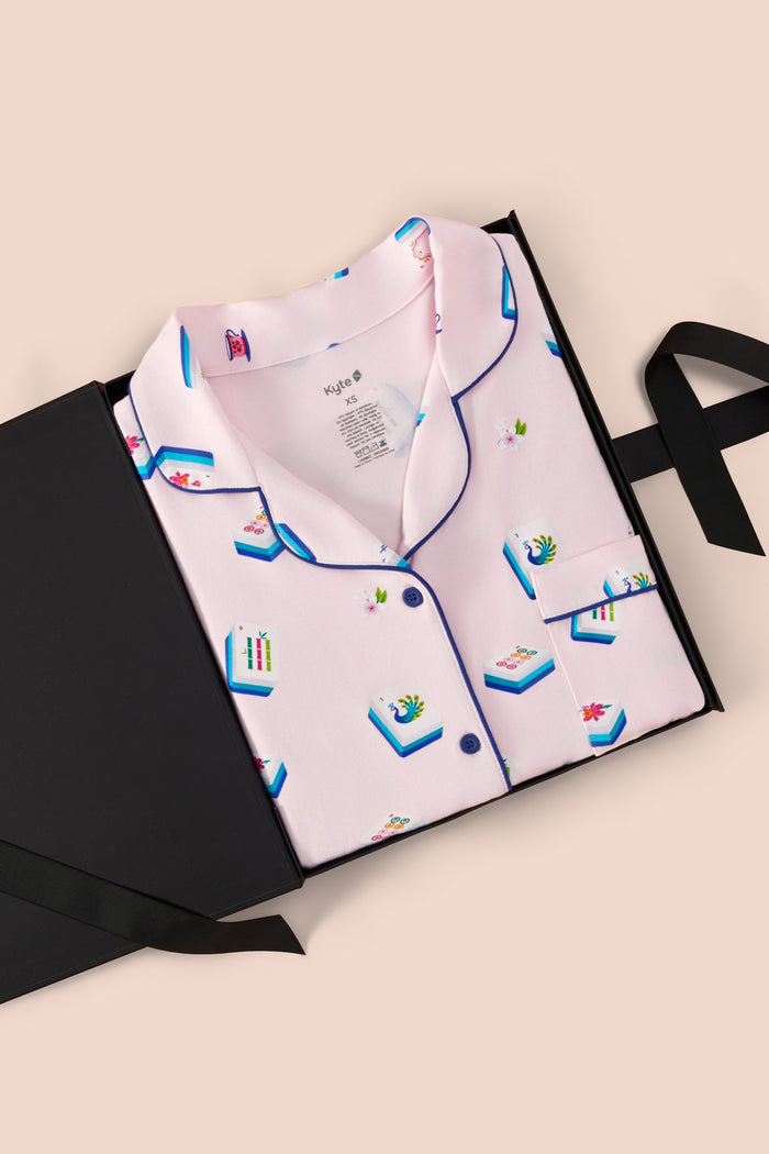 Women's Short Sleeve Pajama Set in Sakura Mahjong print packed in a box on a beige background