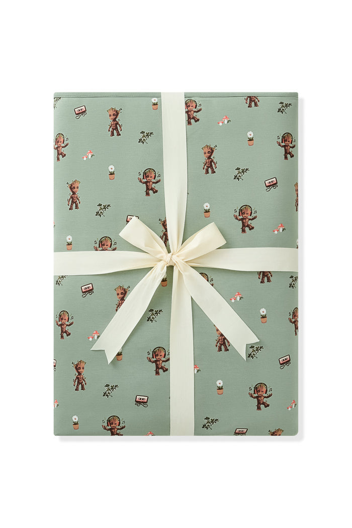 Green Youth Blanket in Groot print packed with ribbon on white background