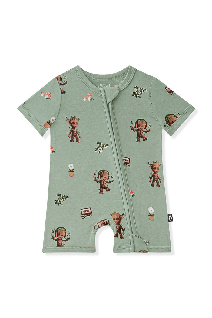 Green Zipper Shortall Romper with Groot print on white background