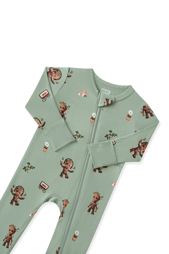 Top part of Green Zippered Romper in Groot print on white background